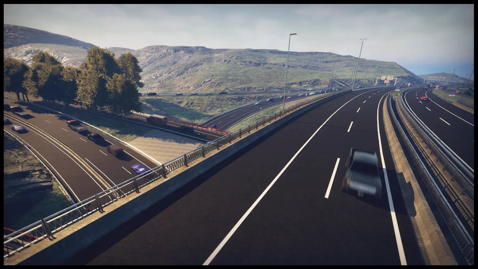 Gemelo digital de carreteras: autopista con tráfico e iluminación de día en tiempo real