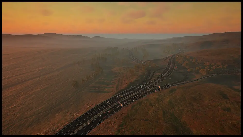 Vista aérea de un enlace de autopista recreado en Unreal Engine al atardecer