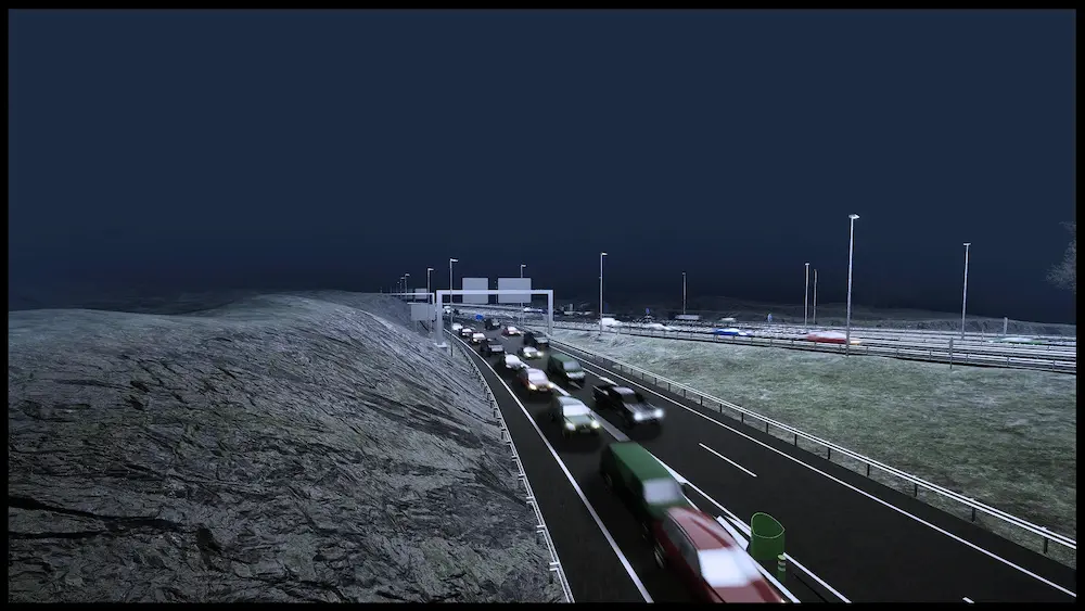 Visualización nocturna de una autopista con tráfico e iluminación dinámica